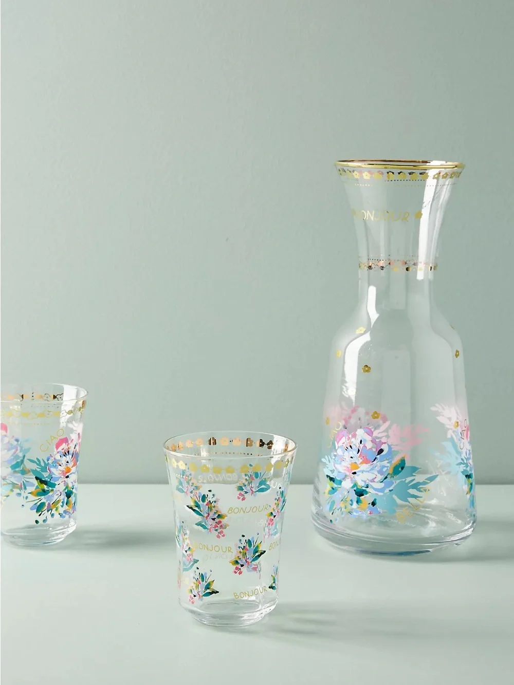 Anthropologie Clear Floral Glass Carafe with Gold Accents